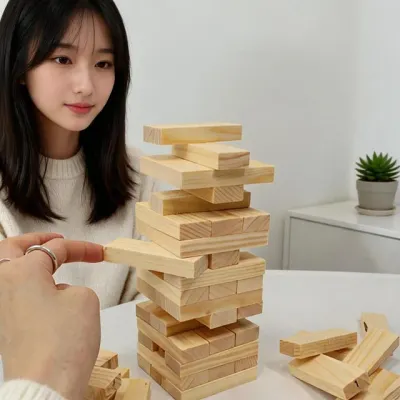 나무 블럭 쌓기 보드게임 아이 교구 집중력 향상 실내 놀이 장난감 54P