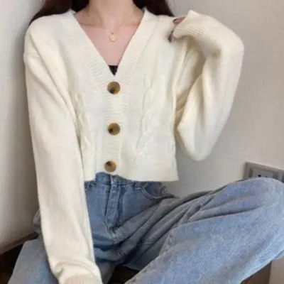 숏 크롭 브이넥 빅버튼 니트 가디건 데일리룩 하객룩