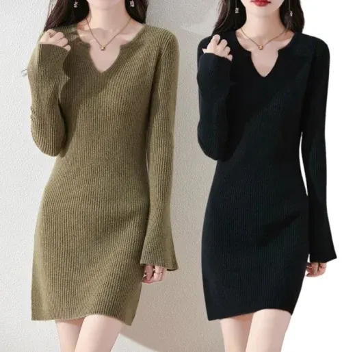 미엘리 V넥 골지 니트 원피스 미니 치마 스커트 겨울 가을 여성 하객룩