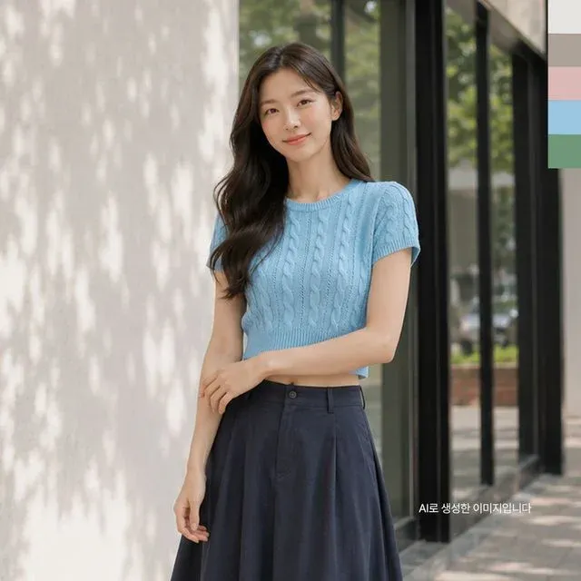 CPP 5011 여자 라운드 꽈배기 케이블 크롭 반팔 니트