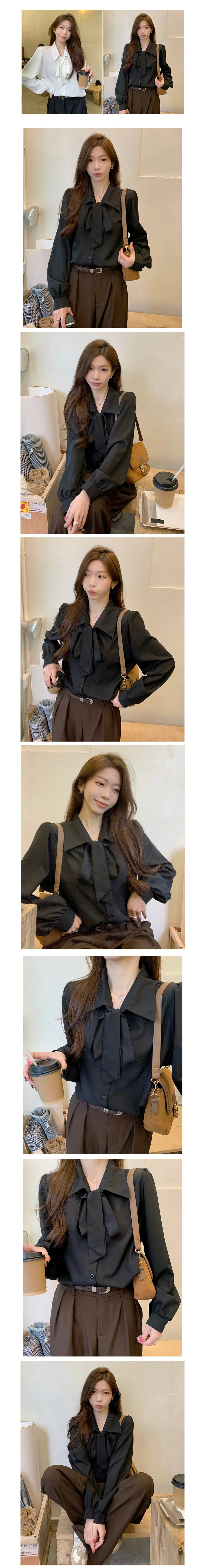 여성 셔츠 블라우스 리본 카라 긴팔 오피스룩 깔끔한 데일리룩 상세1
