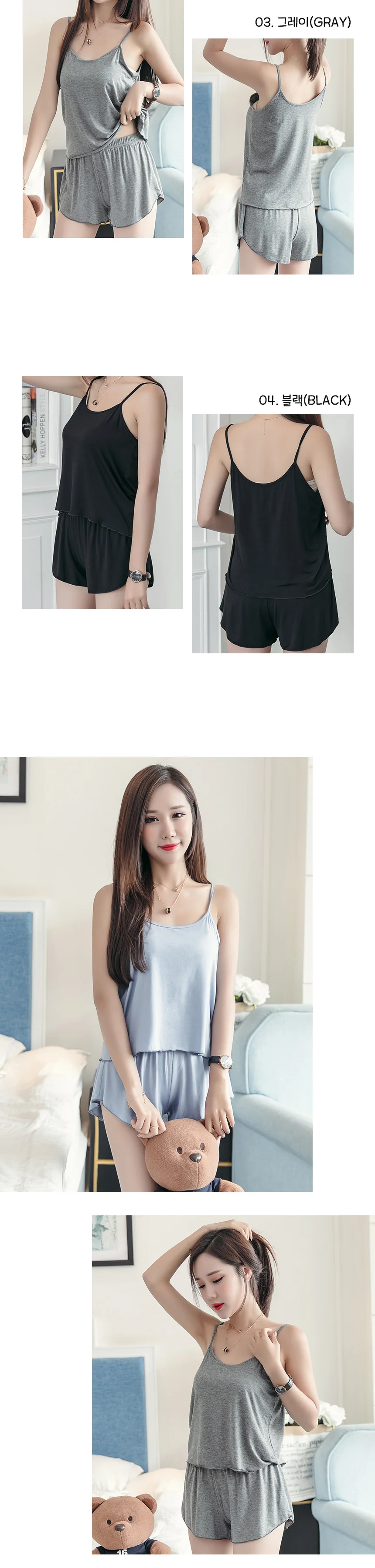 여성 파자마 세트 민소매 나시 반바지 면 홈웨어 여름 잠옷 상세3