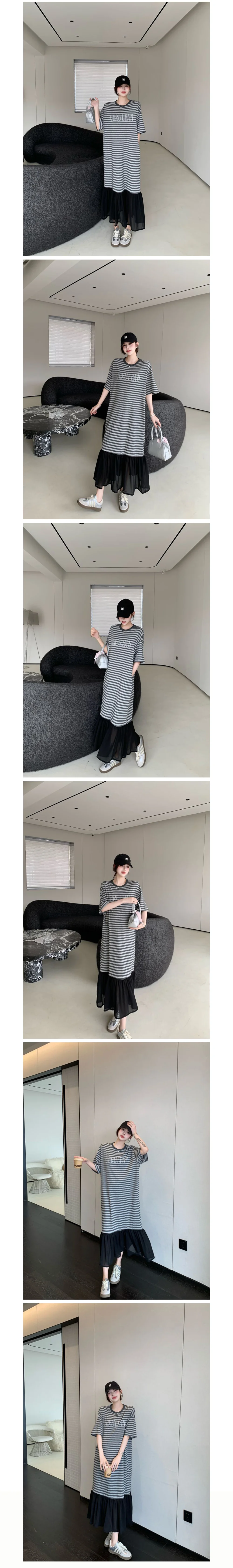 여성 스트라이프 배색 오버핏 롱원피스 상세2