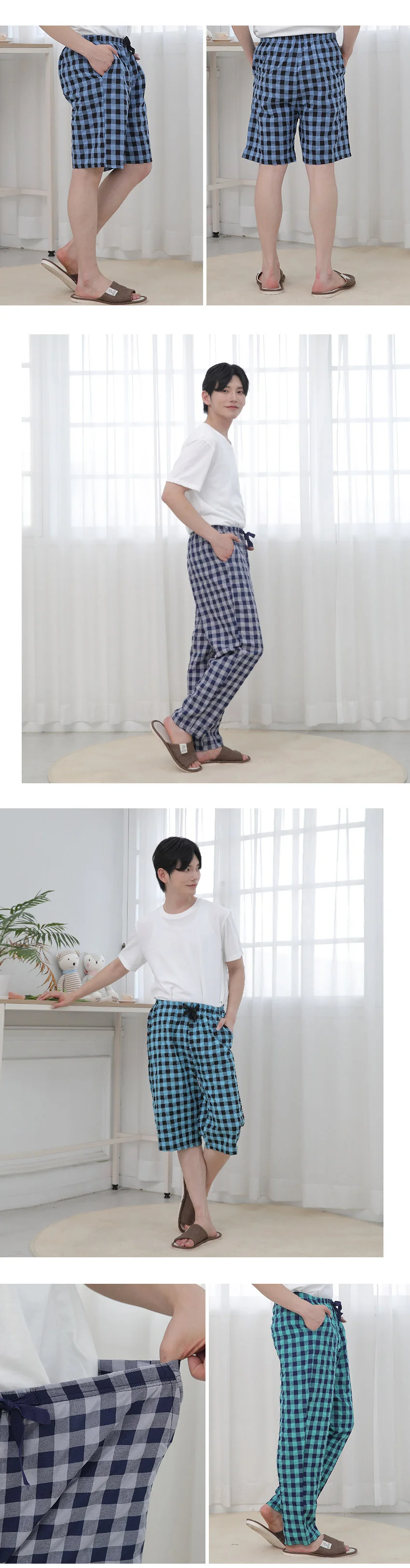 남성 린넨 체크 5 7 9부 파자마 바지 랜덤색상 상세3