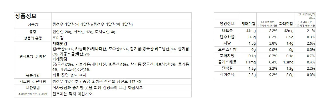 광천 조미김 도시락김 20봉 세트 명절 선물 답례품 상세2