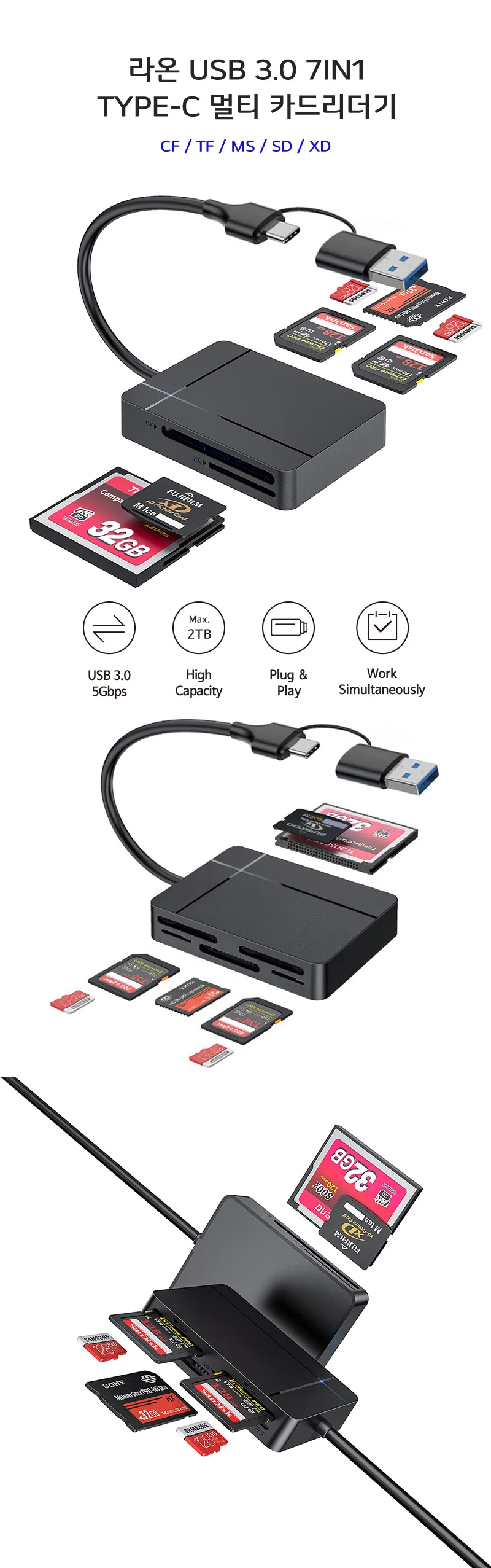 라온 CR-700C 7in1 Type-C USB3.0 TF/M2/XD/CF 플래시 메모리 마이크로 SD카드 C타입 멀티 카드리더기 상세1
