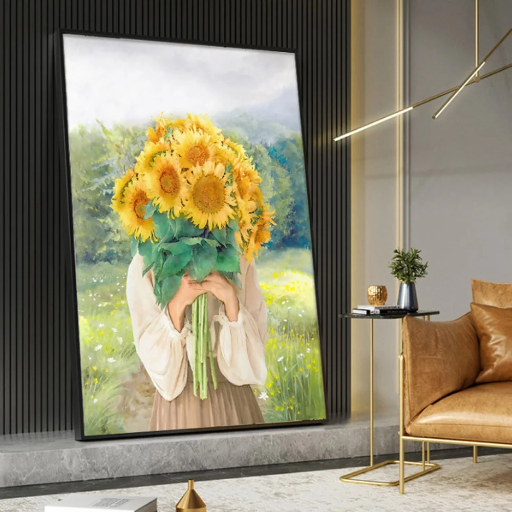 해바라기를 든 소녀 그림액자 (80x120cm)