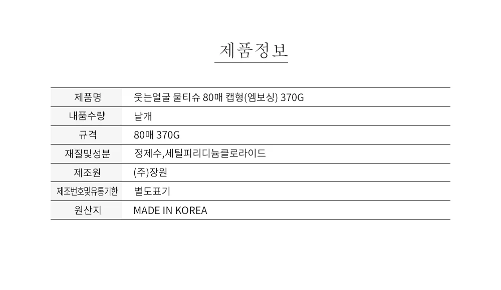 웃는얼굴 물티슈 80매 캡형(엠보싱) 370G 상세4