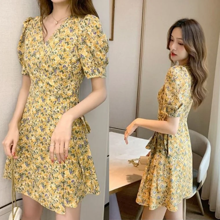 플라워 랩원피스 반팔 가운 로브 미니 투웨이 봄여름