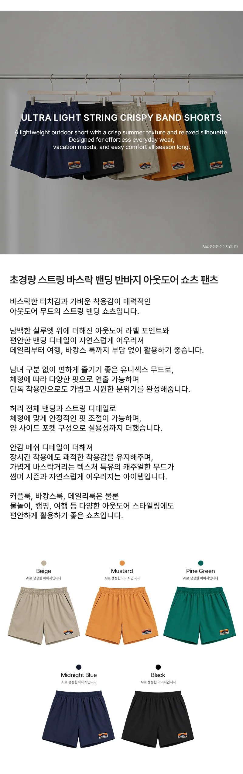 AGG 1016 남여공용 초경량 스트링 바스락 밴딩 반바지 아웃도어 쇼츠 팬츠 상세1
