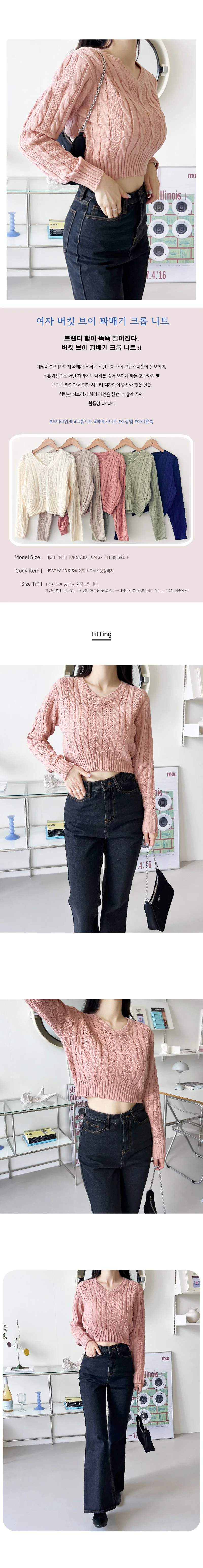 여성 긴팔 니트티 브이넥 크롭 꽈배기 상의 5색 구성 상세2