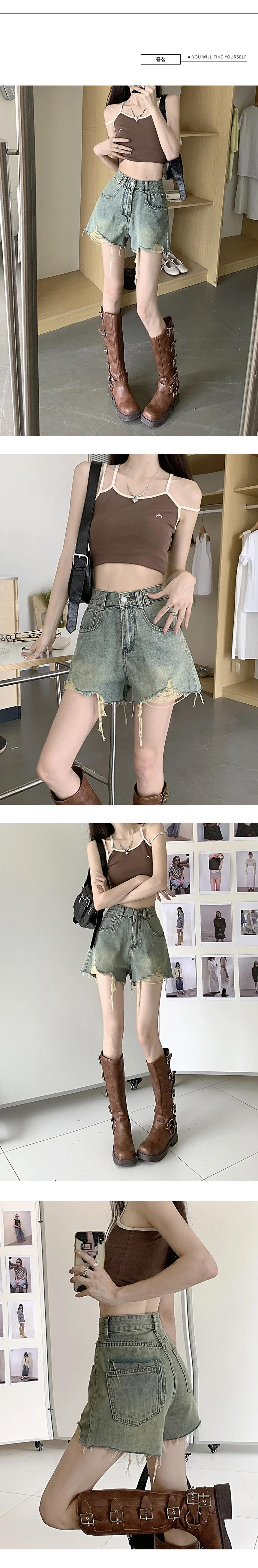 데미지 데님 반바지 중청 숏팬츠 Y2K 캐주얼 청바지 상세2