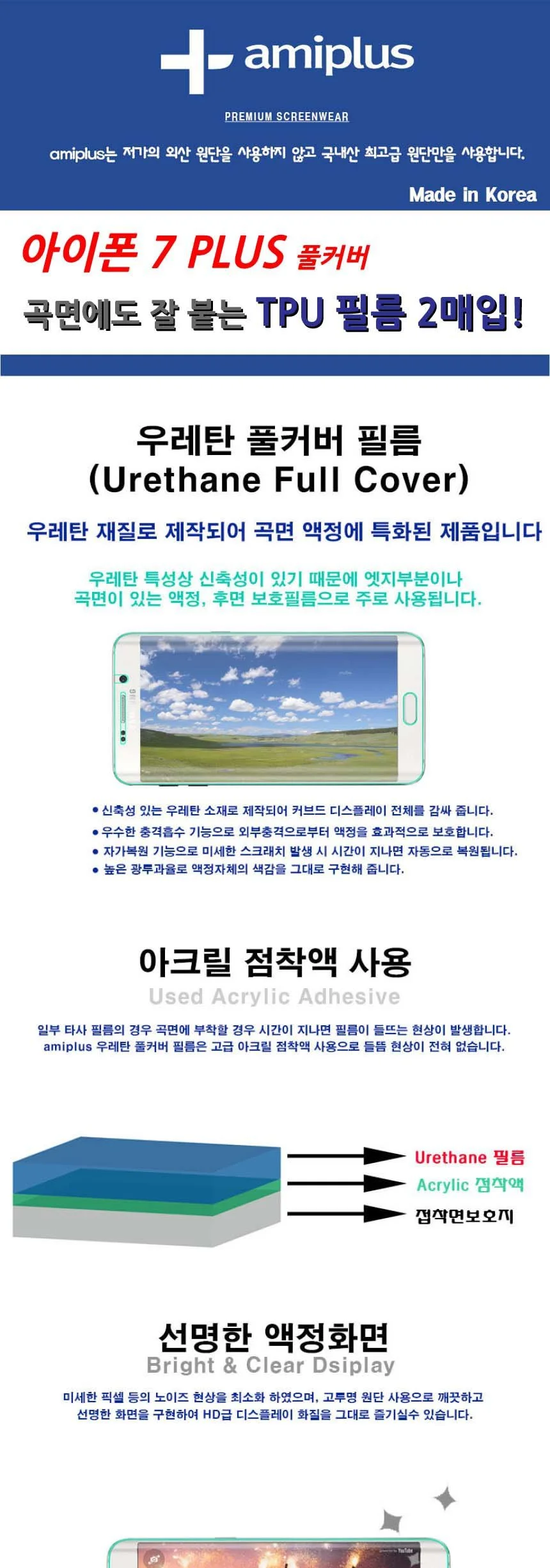 아이폰7 PLUS 액정보호필름 풀커버 우레탄 TPU 2매입 상세2
