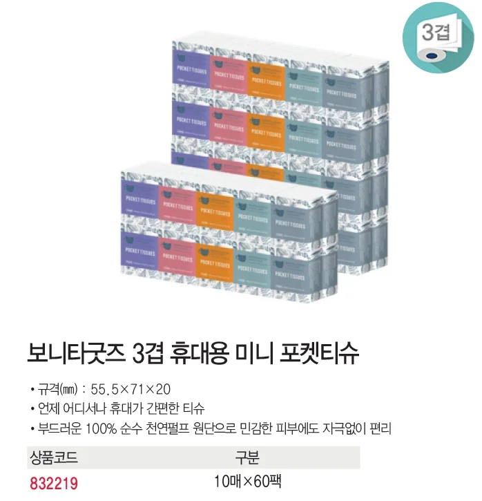 보니타굿즈 휴대용 미니 포켓티슈 3겹 10매 60팩 상세3