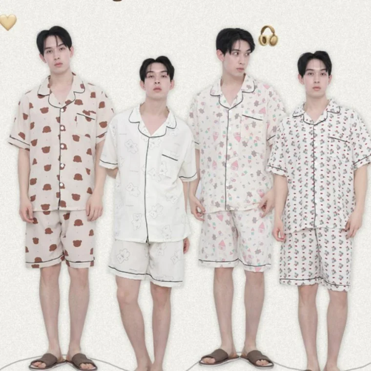 남성 포포면 반팔 곰돌이 잠옷 단추 파자마 상하세트
