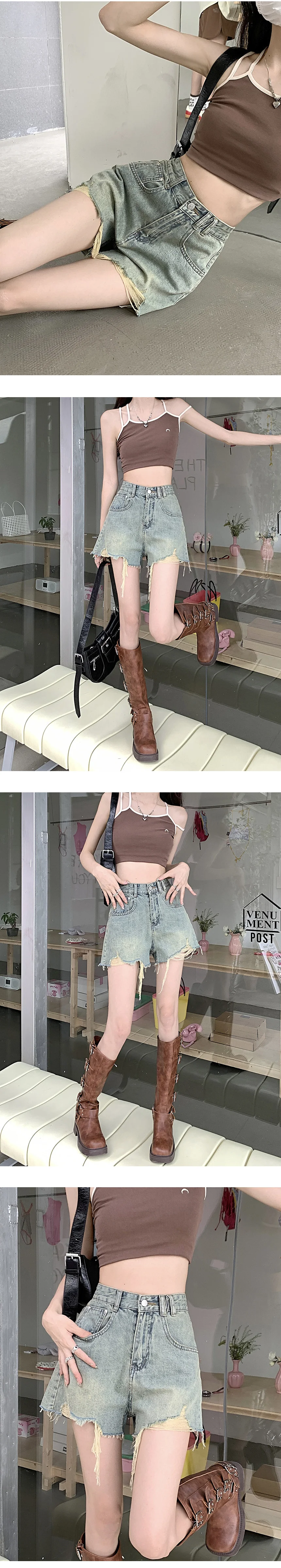 데미지 데님 반바지 중청 숏팬츠 Y2K 캐주얼 청바지 상세3