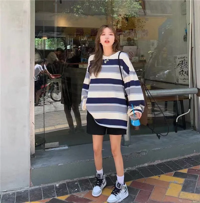 스트라이프 투톤 단가라 긴팔 슬리브 티셔츠 여성긴팔 긴팔티 상세2