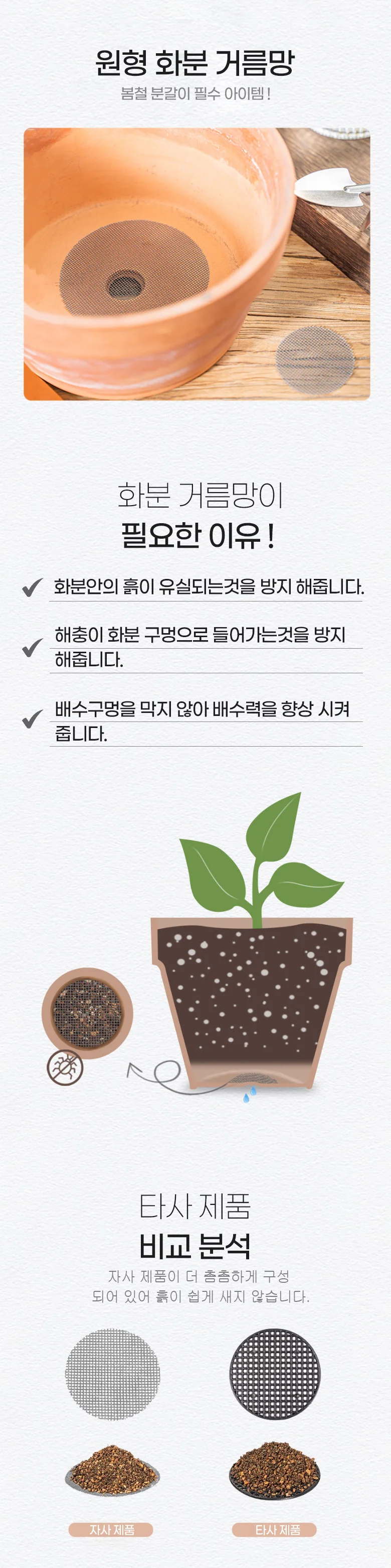 원형 화분 부드러운 깔망 배수망 거름망 50개입 10cm 상세2