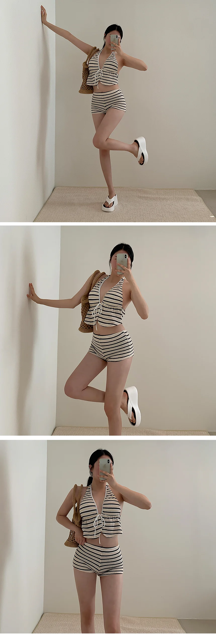 라떼니트비키니 홀터넥팬츠 투피스 스트라이프 커버업 상세4