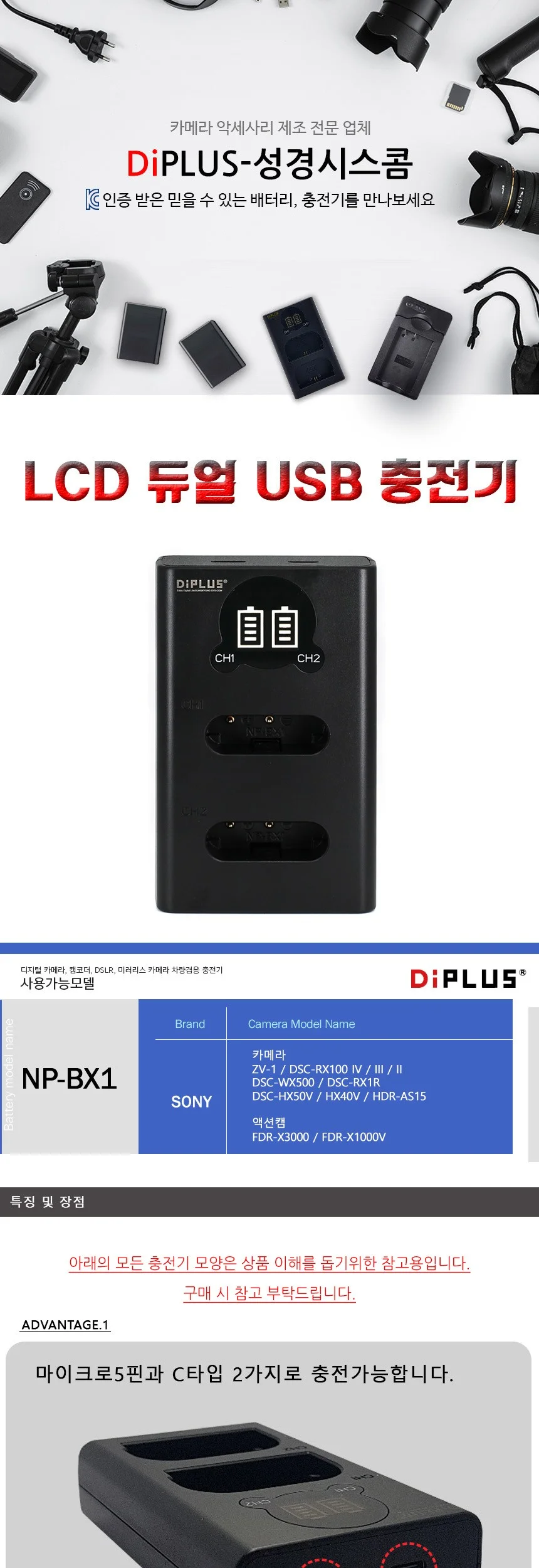 NP-BX1 호환 LCD 듀얼 충전기 C타입5핀겸용 상세2
