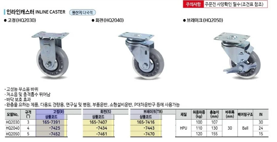 경창 인라인캐스터(회전) HQ2030S A1 HPU 1EA 상세1
