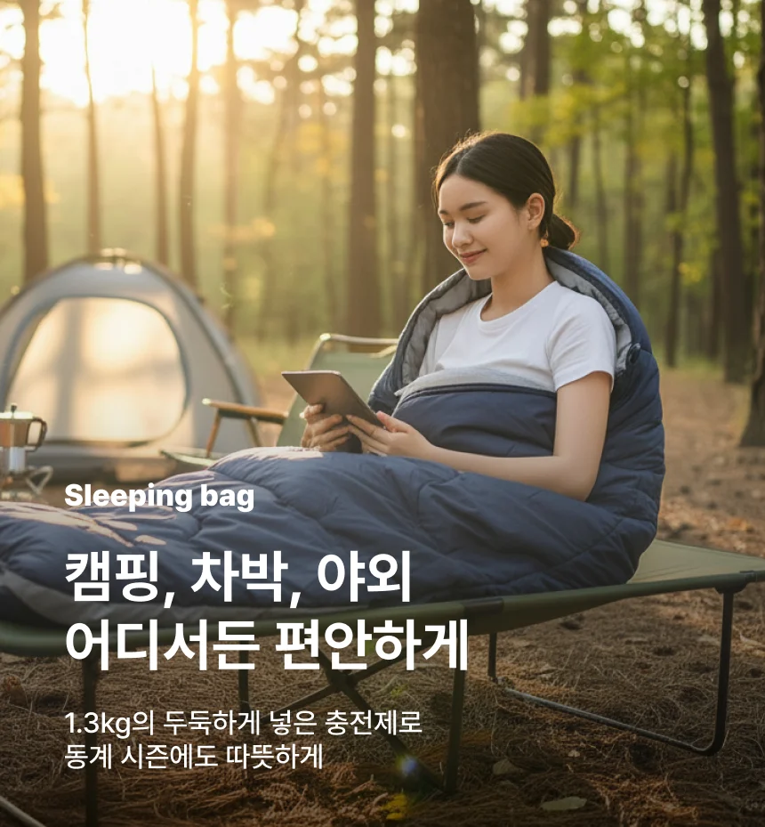 아웃도어 백패킹 사계절 차박 캠핑 후드 침낭 1300g 상세3