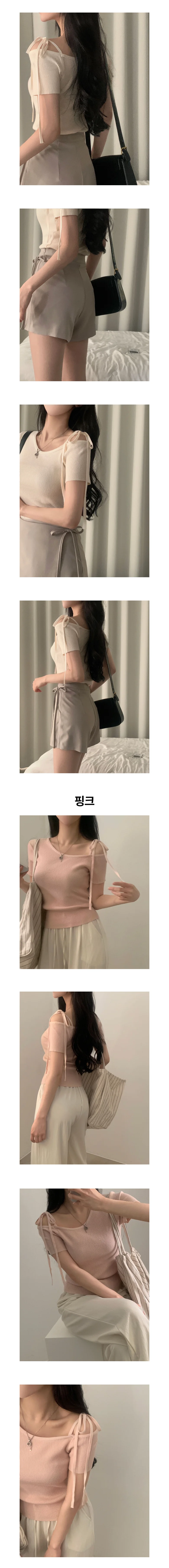 오프 숄더 리본 니트탑 페미닌룩 데일리룩 데이트룩 캐주얼룩 상세2