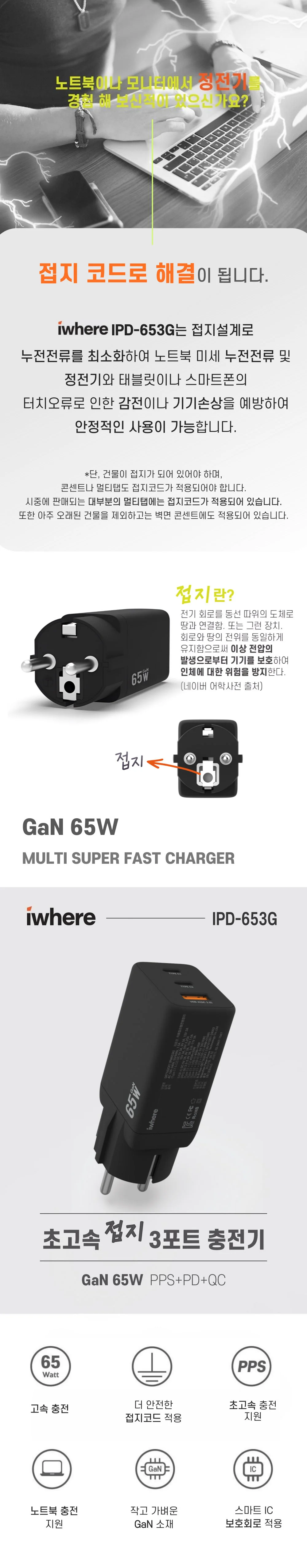 65W GAN 3포트 PD 초고속 충전기 어댑터 qc 접지코드 상세1