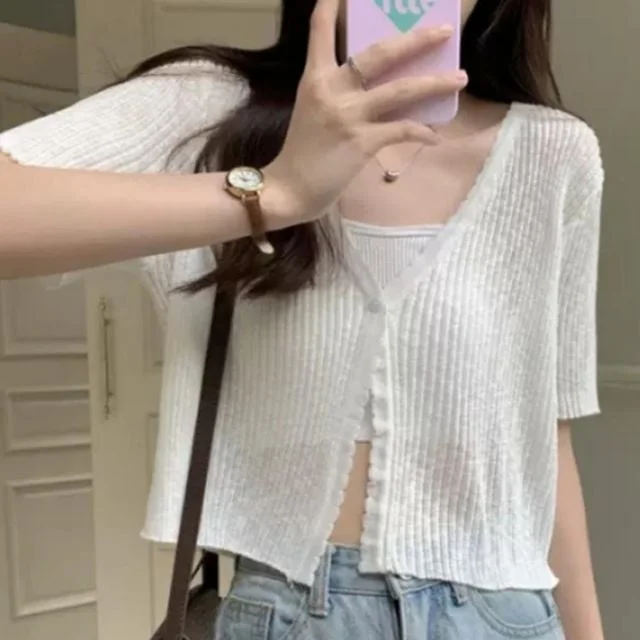 여성 여름 브이넥 슬림핏 시스루 골지 반팔 크롭 가디건