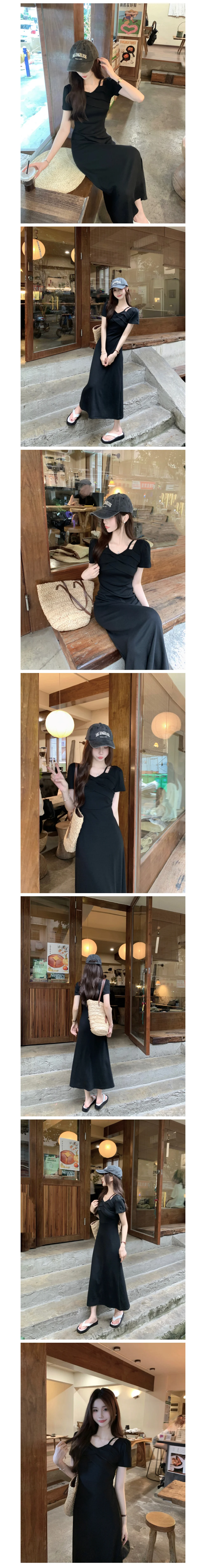 슬림핏 셔링 원피스 트임 스타일 데일리 드레스 상세1