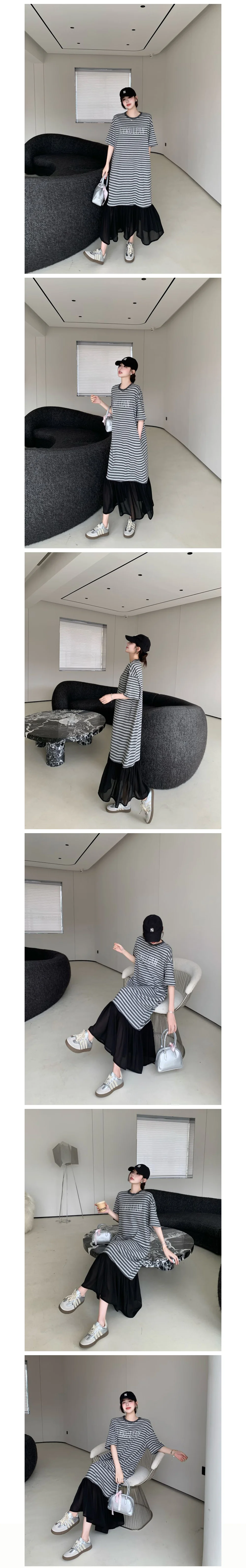 루즈핏 단가라 원피스 프릴 레터링 스트라이프 배색 상세1