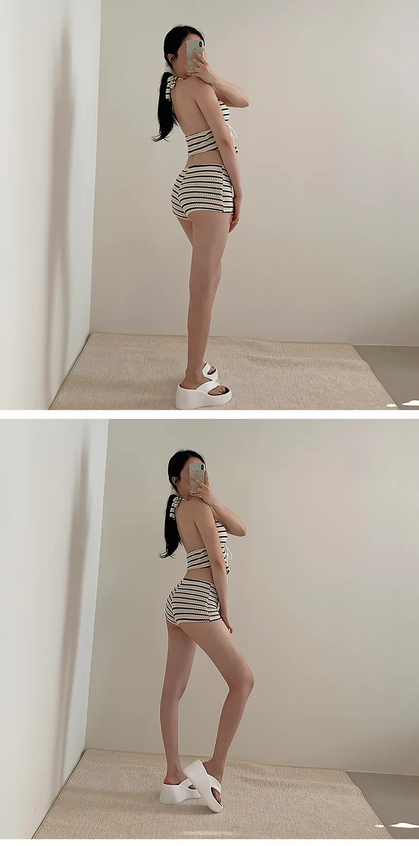 라떼니트비키니 홀터넥팬츠 투피스 스트라이프 커버업 상세3