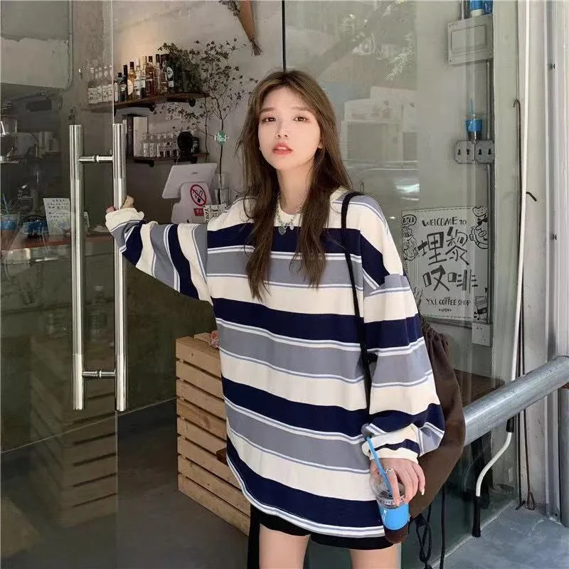 스트라이프 투톤 단가라 긴팔 슬리브 티셔츠 여성긴팔 긴팔티 상세3