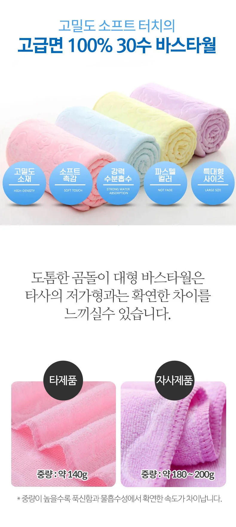 30수 대형 극세사 바스타월 70cm x 140cm 핑크 상세2