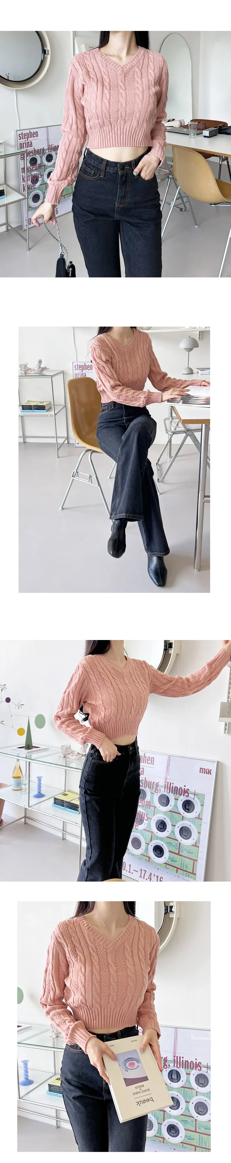 여성 긴팔 니트티 브이넥 크롭 꽈배기 상의 5색 구성 상세3