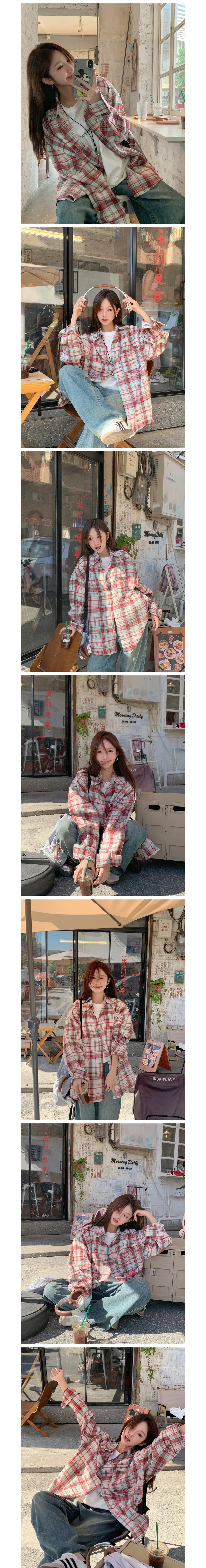 레드 오버핏 체크 카라 남방 긴팔 셔츠 루즈핏셔츠 가디건 상세1
