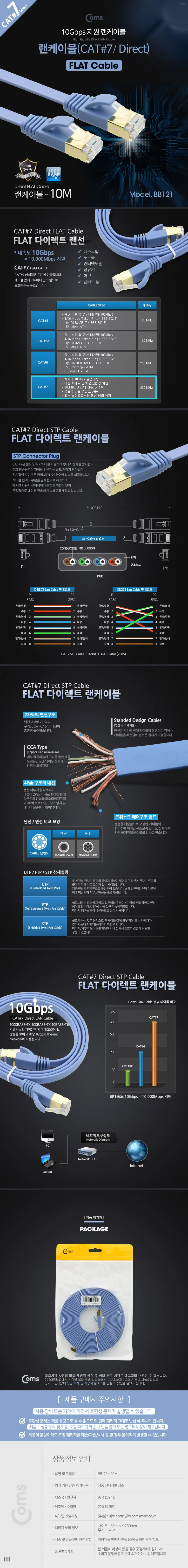 Coms 랜케이블 Cat7 플랫 10M 랜선 인터넷선 케이블 상세3