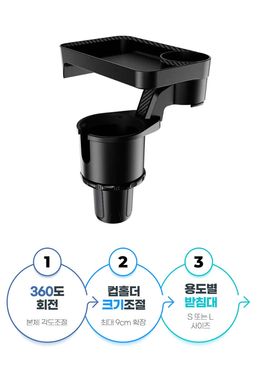 자동차 콘솔 컵홀더 360도 회전 받침대 트레이 두께조절형 차량용 음료 생수 거치대 상세3