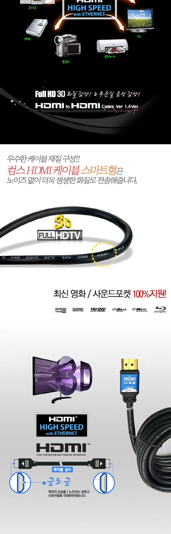 Coms HDMI 케이블 v1.4 고급 Blue Metal 1.8M 상세2