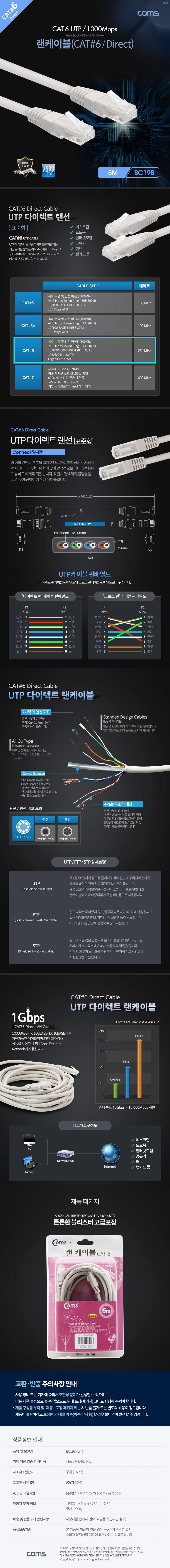 Coms 랜케이블 Cat6 회색 5M 랜선 인터넷선 케이블 상세2