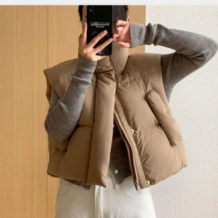 베스트 스트링 세미크롭 여성 패딩 하이넥 포켓 스트링조끼 조끼 패딩
