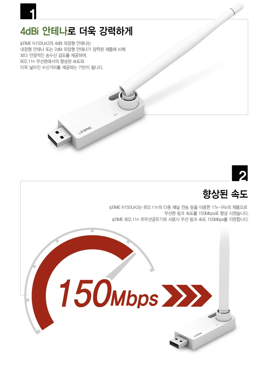 ipTIME N150UA3 무선랜카드 거치대포함 와이파이수신기 150Mbps 상세2