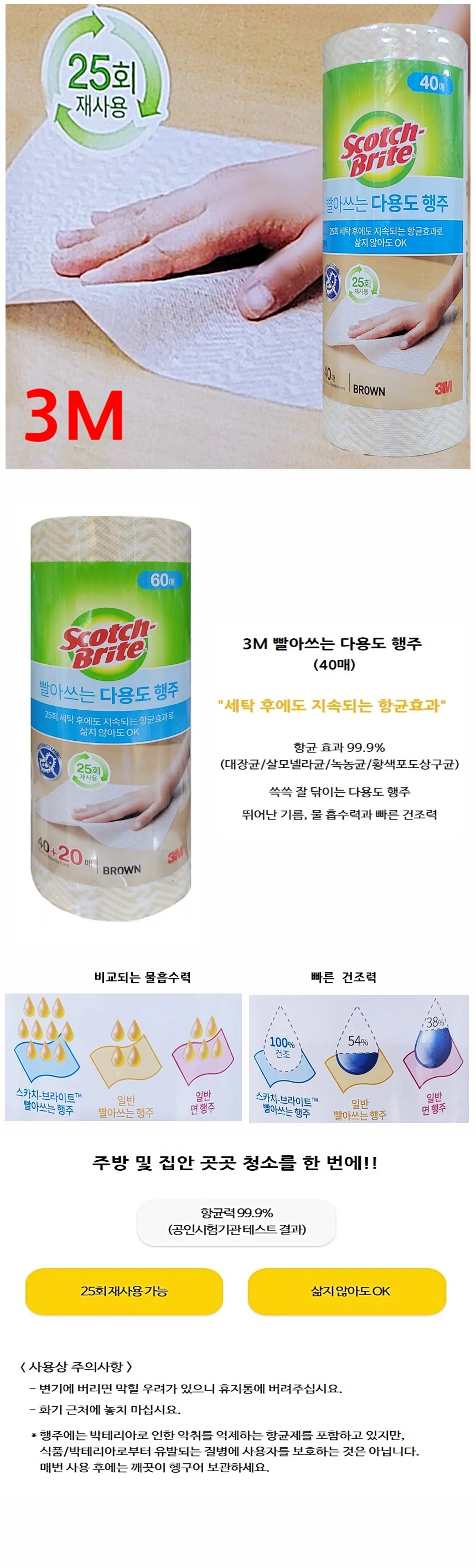 빨아쓰는 키친타월 60매 주방용 일회용 행주 상세1