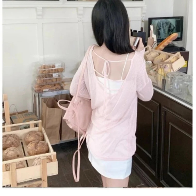 비치룩 비치커버업 백스트랩 시스루 뒷모습이 예쁜 루즈핏 티셔츠 여성