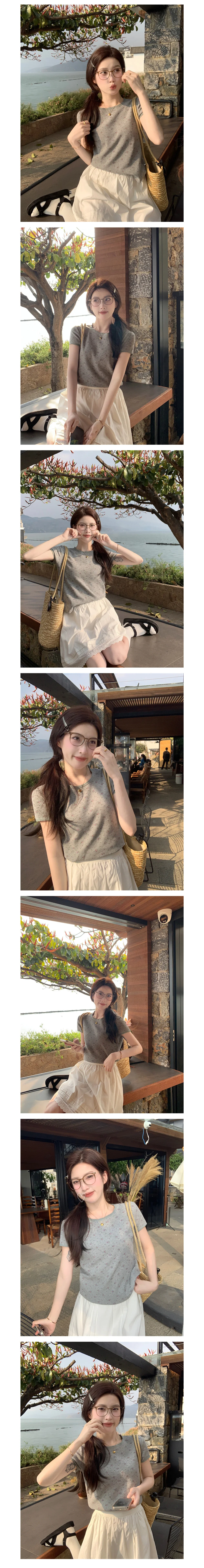 플라워 프릴 반팔 니트 슬림한 기본 여름 얇은 상세2