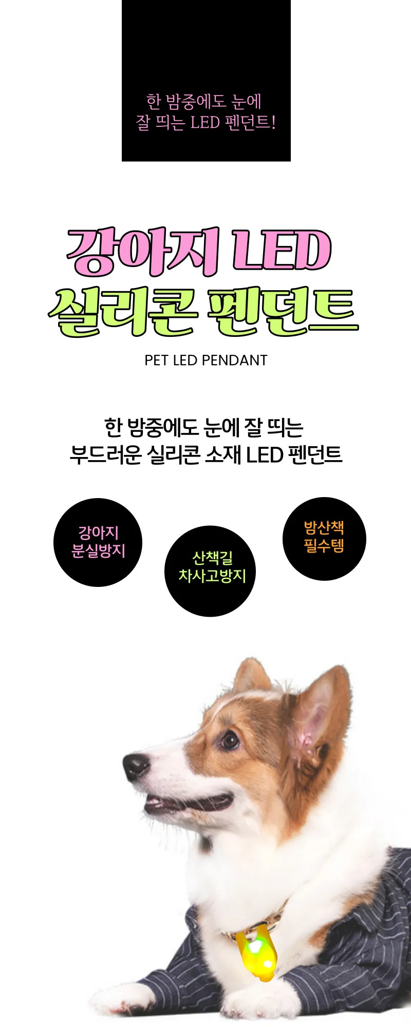 강아지 불빛 안전 야간산책 LED 펜던트 인식표 상세1