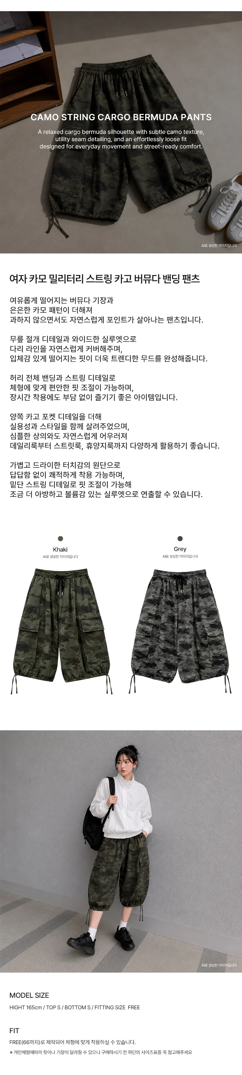 AGG 1015W 여자 카모 밀리터리 스트링 카고 버뮤다 밴딩 팬츠 상세1