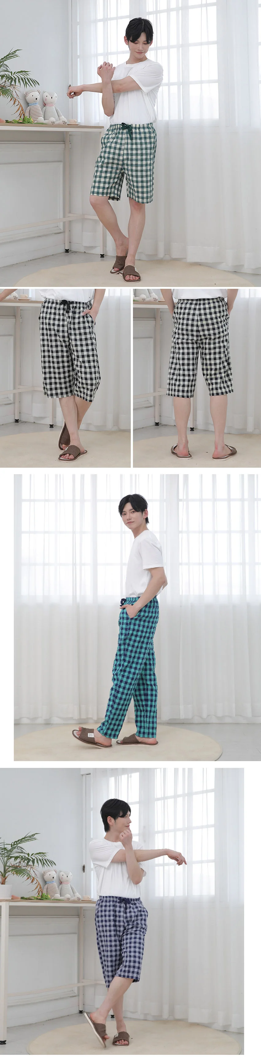 남성 린넨 체크 5 7 9부 파자마 바지 랜덤색상 상세4