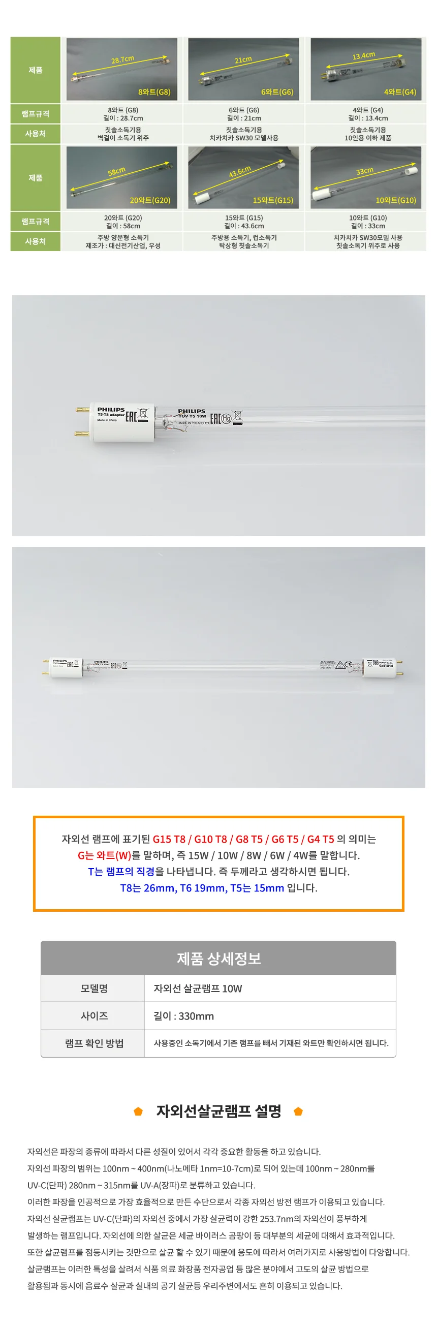 필립스 자외선살균램프 10W (330 mm) 상세1