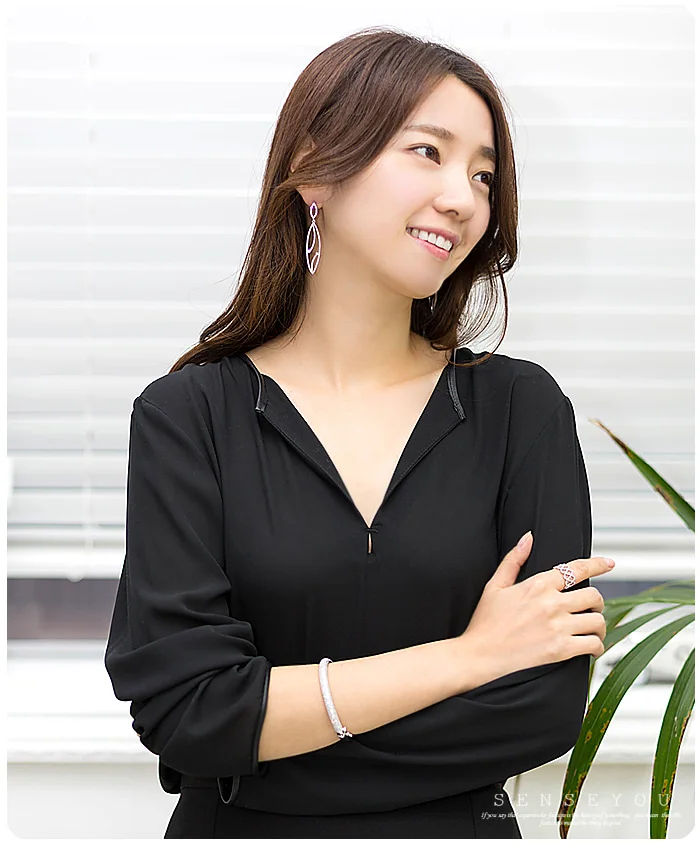 더블 리프 큐빅 실버 롱드롭 귀걸이 악세사리 상세4